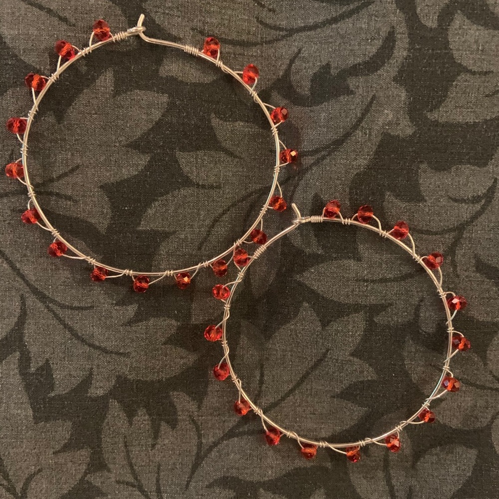 Sterling Silver Red Crystal Wrapped Hoop Earrings
